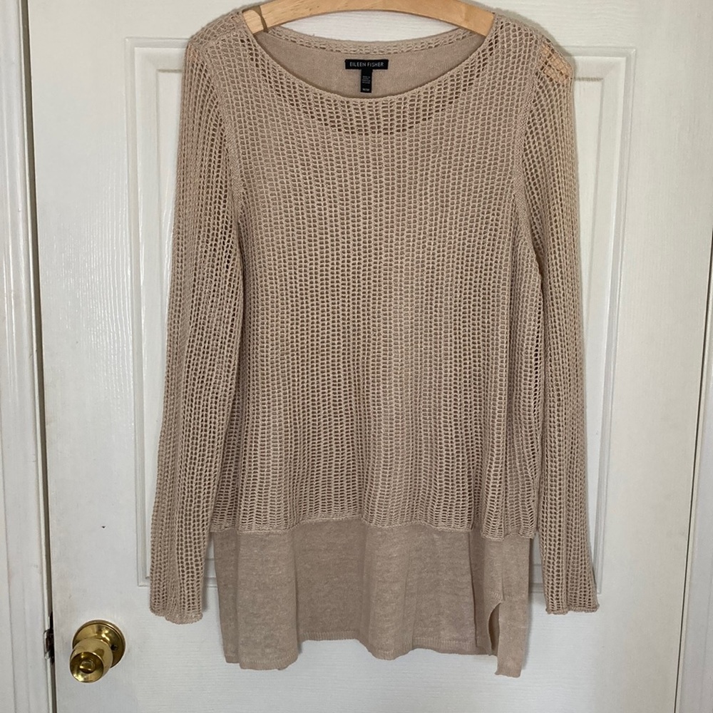 Eileen Fisher Sweater 2-layer Mesh Loose Knit Linen Overlay Pullover Tan M - Picture 3 of 9
